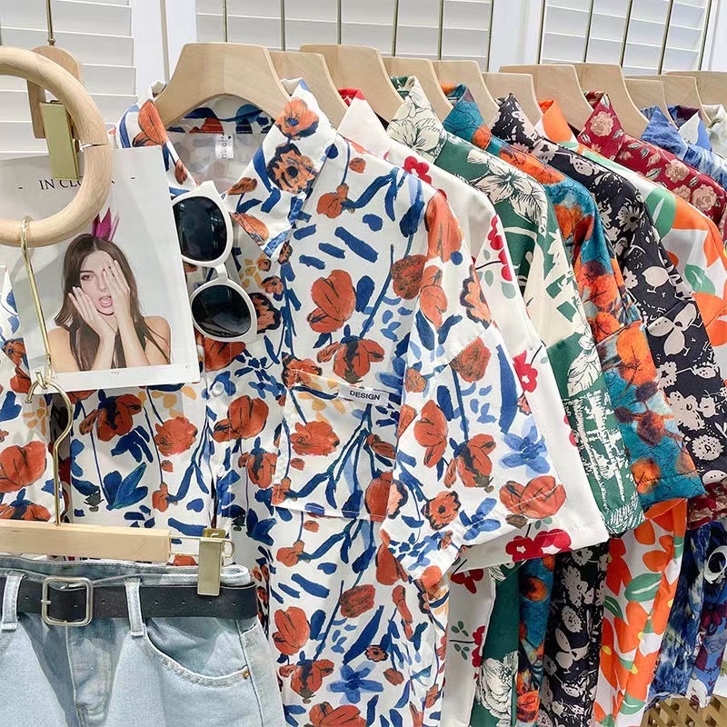 เสื้อเชิ้ตแขนสั้น พิมพ์ลาย ผ้าชีฟอง ทรงหลวม สไตล์เกาหลี วินเทจ เสื้อสงกรานต์