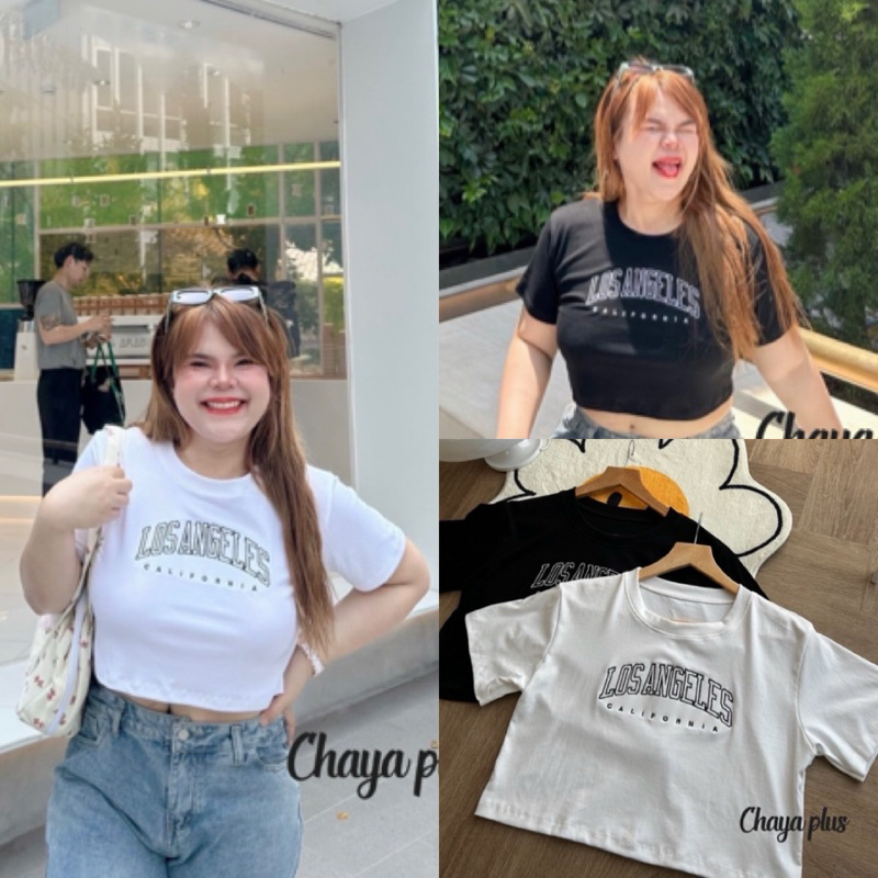 LD เสื้อครอปงานปัก LOS ANGELES ผ้ายูนิโคล่เนื้อดี ไซส์ใหญ่ สาวอวบ