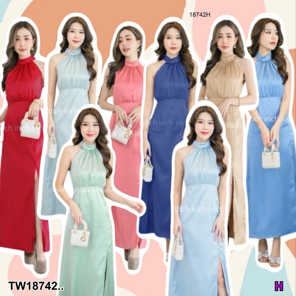 TwinsShopVip💗พร้อมส่ง TW18742 เดรสราตรียาว แขนกุด ผ่าหน้า ..