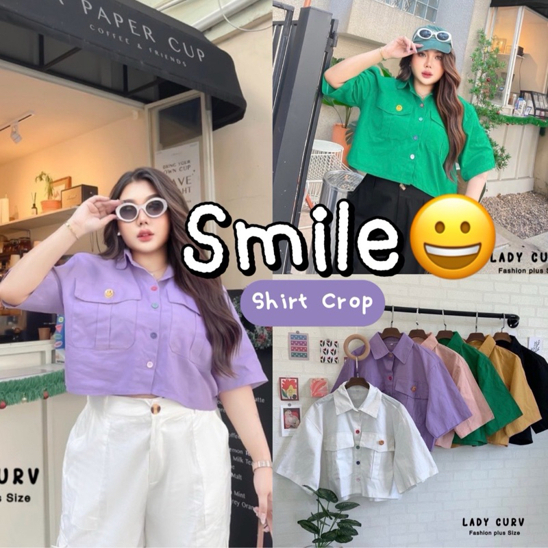 Smile Crop Shirt เสื้อเชิ้ตครอปกระดุมสีรุ้งสุดน่ารัก +เข็มกลัดหน้ายิ้ม|สาวอวบ