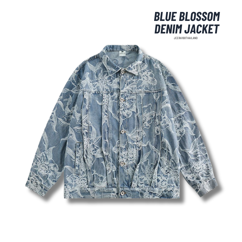 jeera168 | รุ่น Blue Blossom denim Jacket เสื้อแจ็คเก็ตยีนส์ Unisex ลายดอกไม้สีฟ้า  Design โดดเด่น สะดุดตา