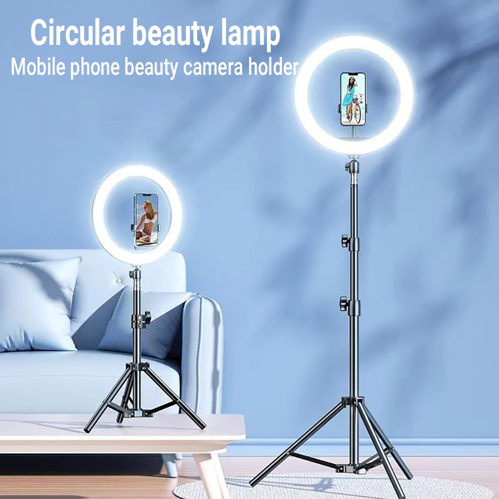ชุดไฟไลฟ์สด LED Ring Light 0.25 เมตร พร้อมขาตั้ง2.1เมตร+ที่จับมือถือ ปรับได้3สี 10ระดับ สำหรับเพิ่มความสว่าง ถ่ายคอนเทนต