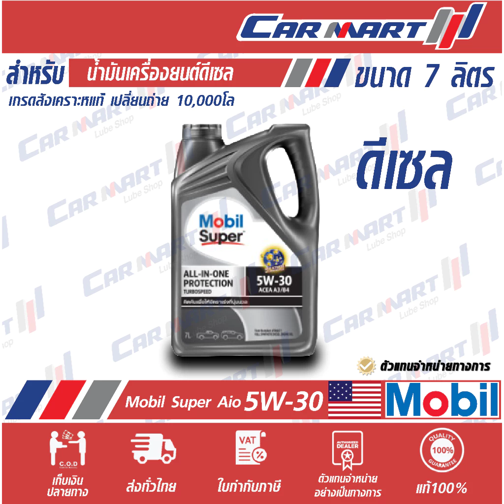 Mobil Super Aio โมบิล น้ำมันเครื่อง "ดีเซล" สังเคราะห์แท้ All-In-One Protection Turbospeed 5W-30 ขนา 7 ลิตร