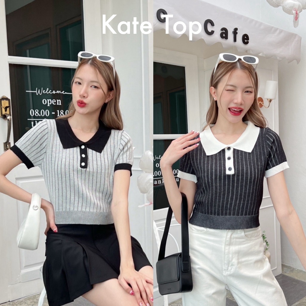 88story.th - Kate top พร้อมส่ง เสื้อครอปคอปกไหมพรมทอสลับสี
