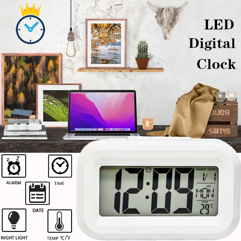 นาฬิกาดิจิตอล นาฬิกาปลุก LCD อัจฉริยะ นาฬิกาตั้งโต๊ะพร้อม อุณหภูมิ เลื่อนปลุก ปฏิทิน ไฟพื้นหลัง นาฬิกาปลุกปิดเสียงหน้าจอ