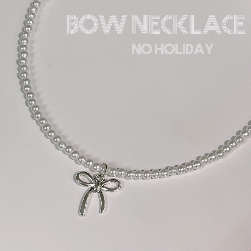 🎀พร้อมส่ง🎀สร้อยมุกขาวจี้โบว์สีเงิน(Bow necklace with pearl )📍มีตะขอเลื่อนปรับไชส์ได้💅