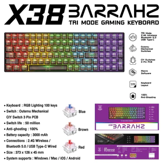 คีย์บอร์ดคีย์แคปใส Nubwo X38 BARRAHZ TRI-Mode Wired/Wireless/Bluetooth Mechanical Switch คีย์บอร์ดเกมมิ่ง ประกัน 2 ปี