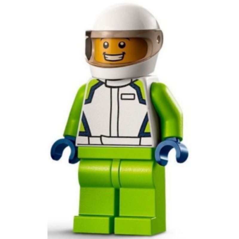 Lego Minifigure City cty1400 Race Car Driver - Male, White Racing Jacket and Helmet, Lime Legs
