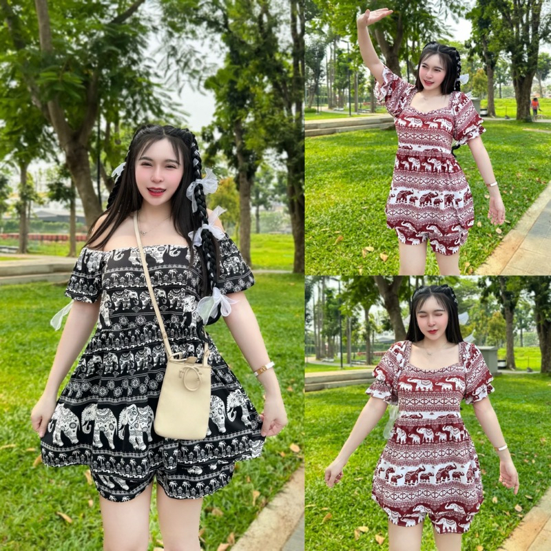 ชุดสงกรานต์ ชุดเซ็ต2ชิ้น เสื้อ+กางเกง งานชุดช้างสวยน่ารัก เสื้อใส่แบบปาดไหล่หรือใส่ปกติก็ได้