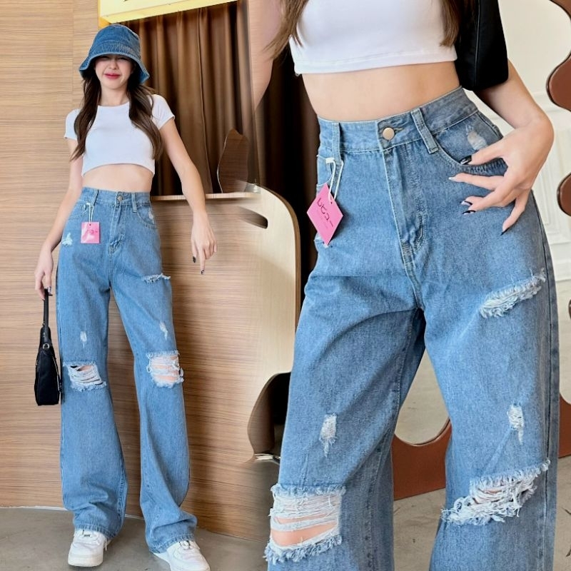 Y6.Chilling Jeans กางเกงยีนส์ฟอก ทรงขากระบอกใหญ่ แต่งขาด