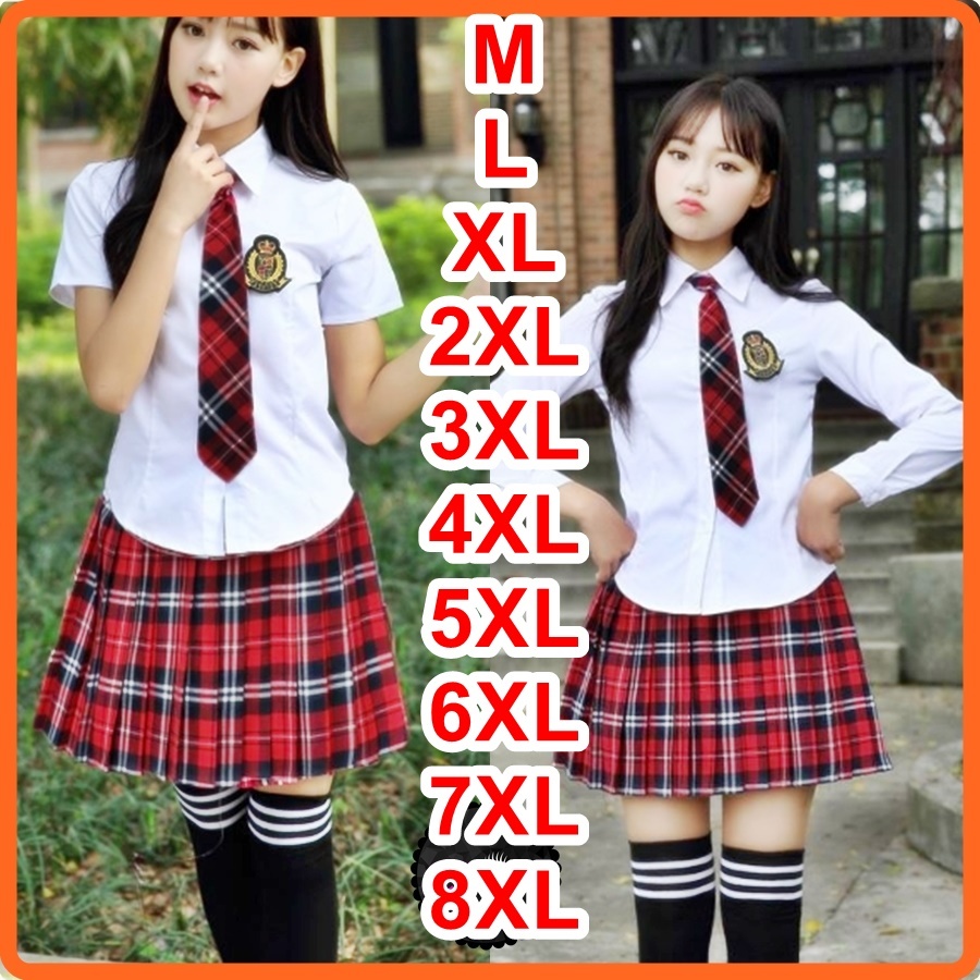 พร้อมส่ง ชุดนักเรียนญี่ปุ่น ครบไซด์ สก๊อตแดงเน็คไทค+เข็มโรงเรียน+เสื้อ+กระโปรง #จีบรอบแดง