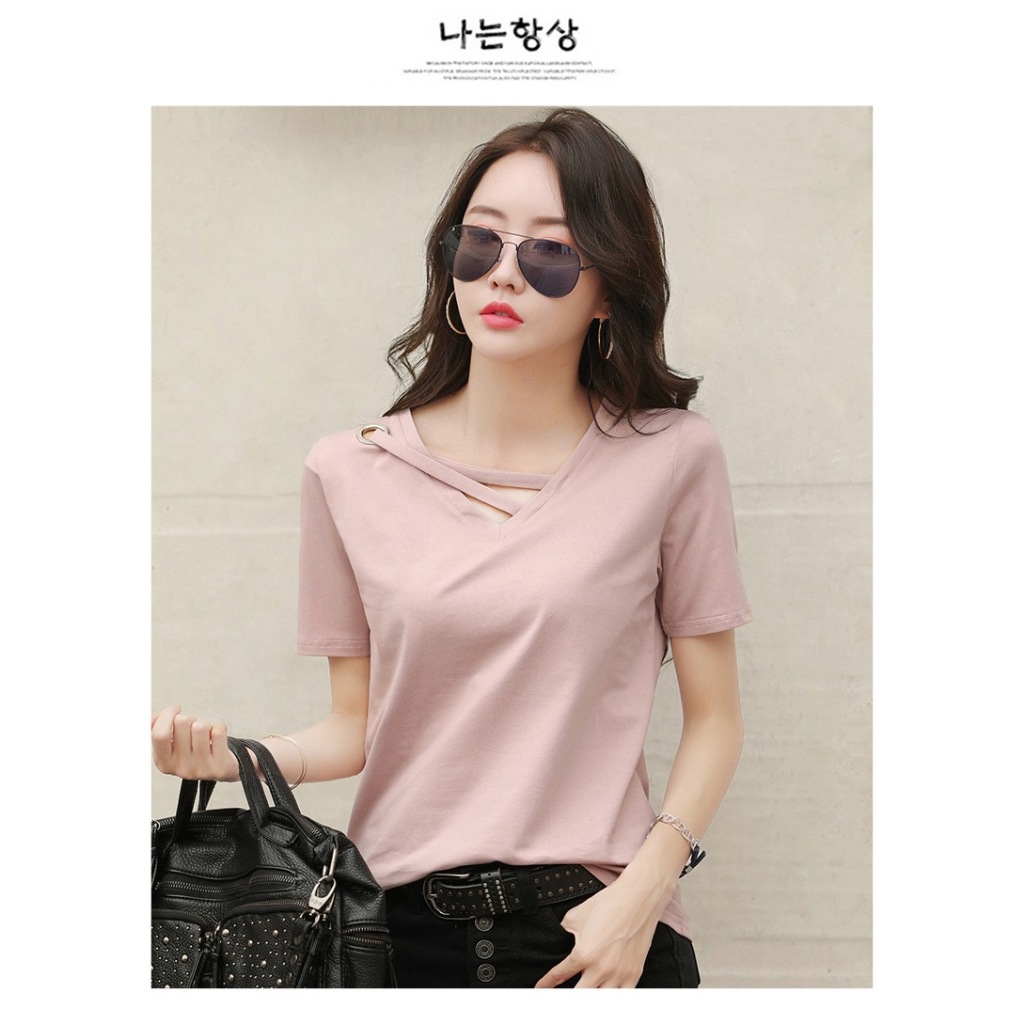 เสื้อยืดแฟชั่นผู้หญิง แขนสั้น คอวี สีพื้น ผ้านิ่ม สวมใส่บาย - รูปที่ 5