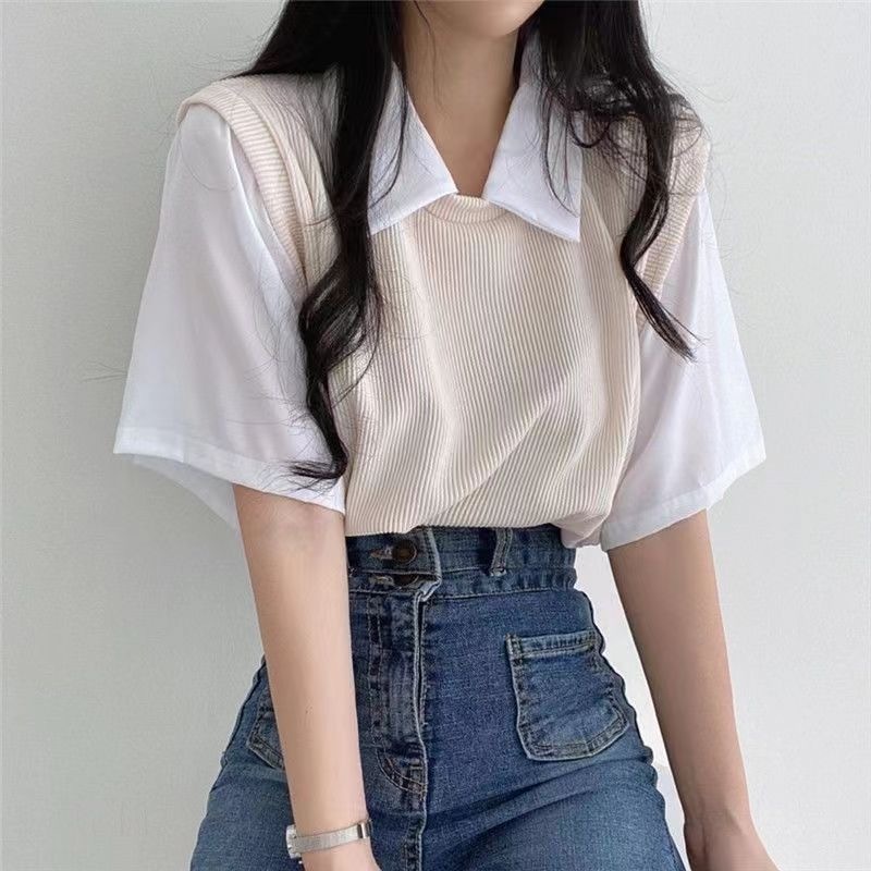 เสื้อยืดแฟชั่นผู้หญิง แขนสั้น คอปก ผ้านิ่ม ทรงหลวม สวมใส่บาย