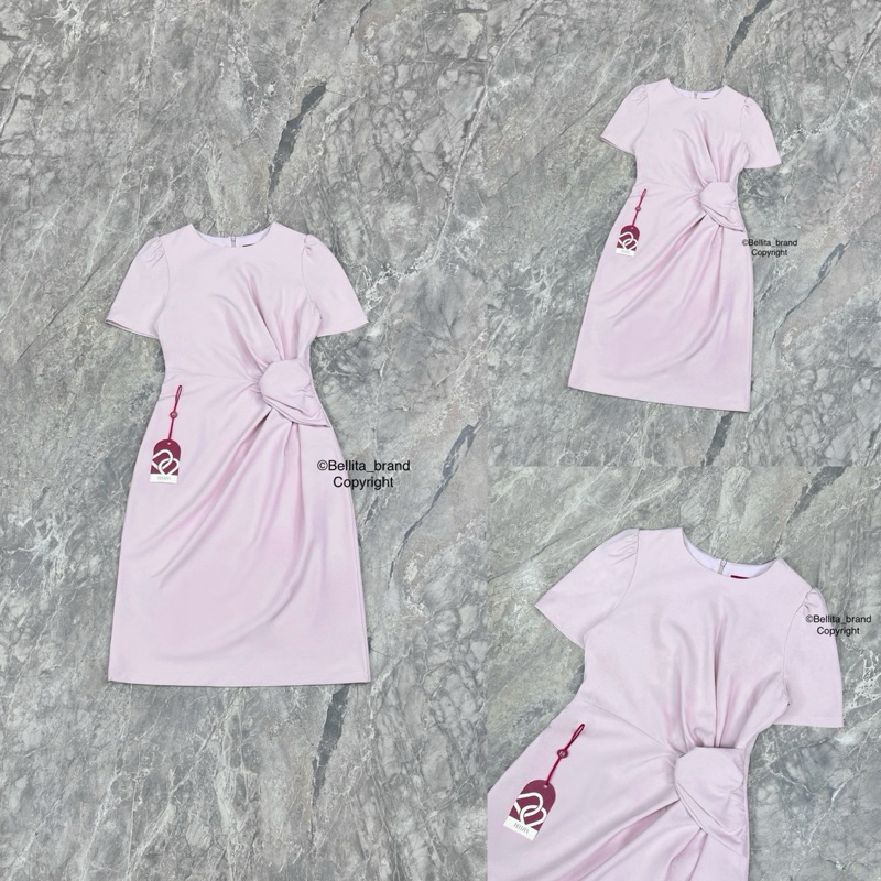 M3 งานป้าย Bellita Dress ชุดเดรสสีชมพูคอกลมแขนสั้นรูดจับจีบเอว สำหรับผู้หญิง เสื้อผ้าแฟชั่นผู้หญิง ไซส์ S-XL