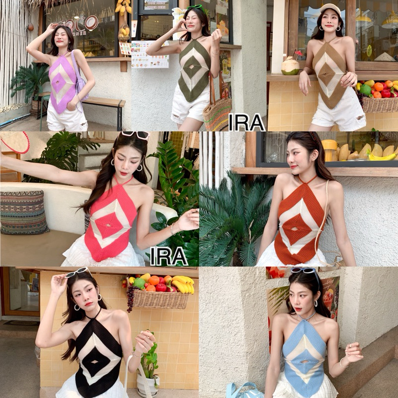 BY IAR 📌พร้อมส่ง📌 เสื้อสายเดี่ยวผูกโบว์ที่คอ ผ้าไหมพรมทอลายดีไซน์ทรงเสื้อคล้ายๆผ้าเช็ดหน้าผูกหลัง