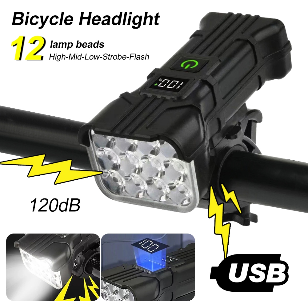 🔥1200mAh ไฟหน้าจักรยาน Super Bright USB-C 12 ลูก LED ไฟหน้าจักรยานแบบชาร์จไฟได้พร้อมแตรอุปกรณ์จักรยานกันน้ำ