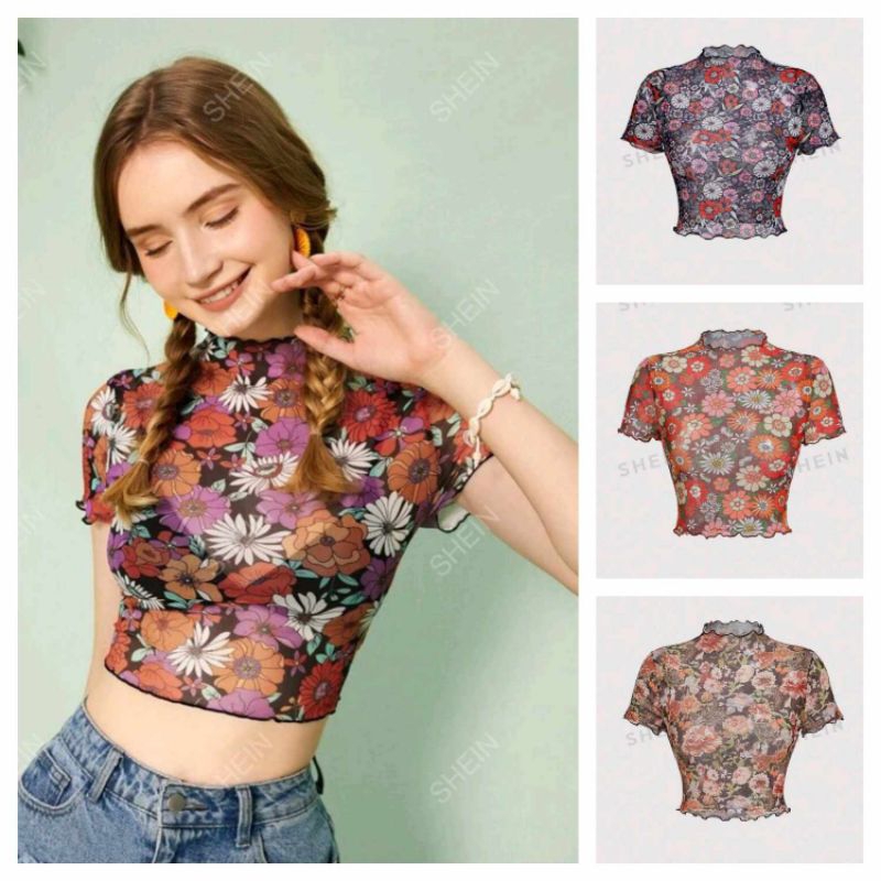พร้อมส่งจากไทย เสื้อครอป แขนสั้น ผ้าซีทรู ผ้าโปร่ง ผ้าตาข่าย เสื้อลายดอก สงกรานต์ ขอบหยัก