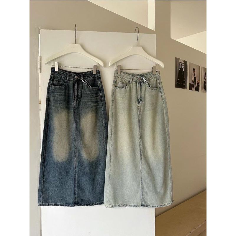 กระโปรงยีนยาวเอวสูงฟอกสีรุ่น 940011 TAG JUNE STUDIO 🇰🇷