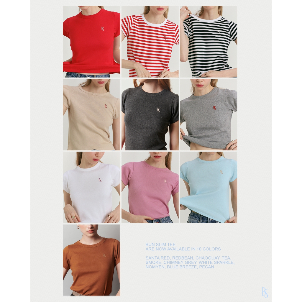 beforesunset_studio - Bun Basic slim T-shirt เสื้อยืดคอกลมทรงพอดีตัว ดีเทลลายปัก