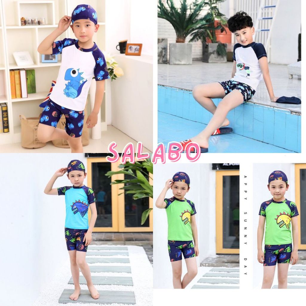 SALABO(พร้อมส่ง)  ชุดว่ายน้ำเด็ก ขาสั้น((พร้อมหมวกฟรี))2-14ขวบ🏊‍♂️