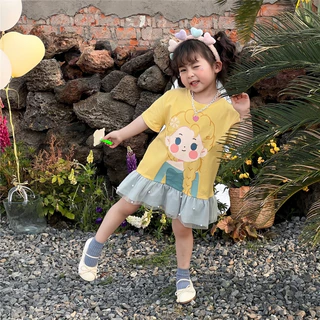 เดรสเด็กหญิงเย็บระบายผ้าโปร่งสไตล์เกาหลีชุดเจ้าหญิงการ์ตูนน่ารักระบาย อายุ 1-9 ปี