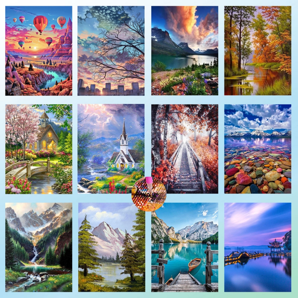 Diamond Painting 5D DIY ป่า ภูเขา ทะเลสาป ครอสติสคริสตัล 5 มิติ ปักครอสติส ภาพติดเพชร ฝึกสมาธิ ขนาด WxH 30x40 cm.