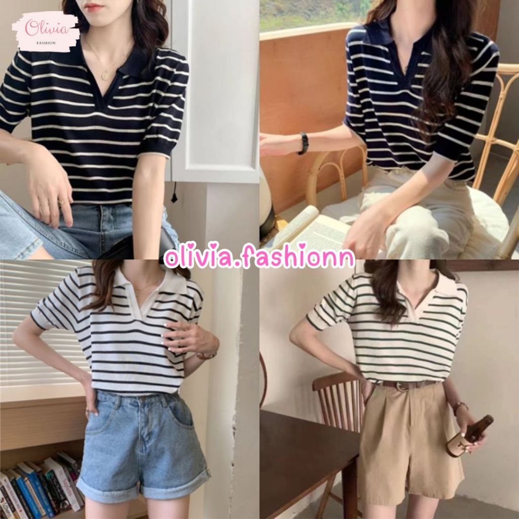 🍓Olivia🍓เสื้อคอปกแขนสั้น ไหมพรมลายทาง แฟชั่นสไตล์เกาหลี #A37