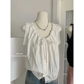 📍พร้อมส่ง📍7513 เสื้อแขนกุด ลายผ้าสวย ติดกระดุมหน้า มีเชือกผูกโบว์ TAG WG.WE 🇰🇷