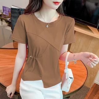 ps-รุ่น-355เสื้อยืดแขนสั้นคอกลมเอวข้างแต่งเชื่อกดึงได้มาใหม่ สุดฮิตสไตล์เกาหลี ผ้านุ่มสวมใส่สบาย พร้อมส่ง
