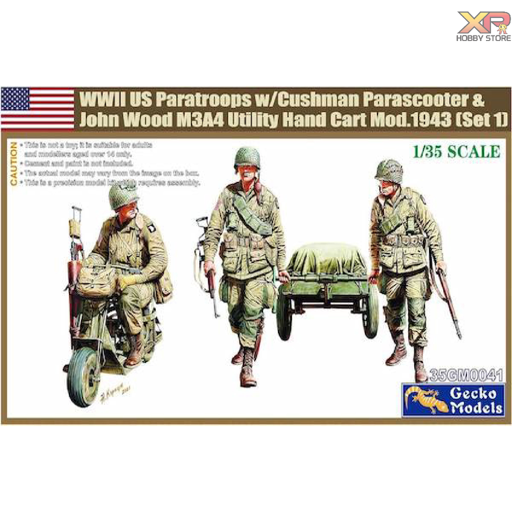 [Gecko model] 1/35: M53 SCOOTER CUSHMAN W/JOHN WOOD M3A4 UTILITY HAND CART MOD.1943 & US PARATROOPS 