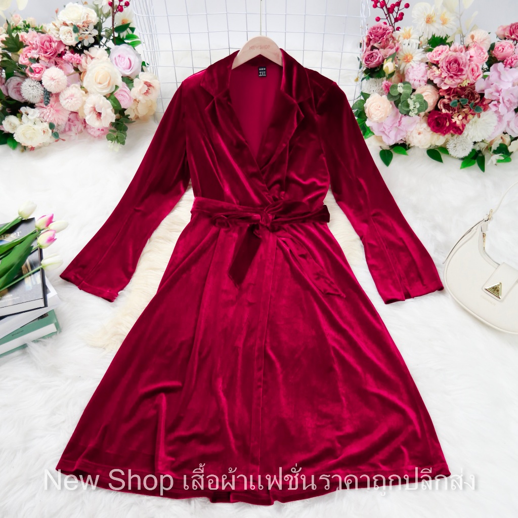 ชุดเดรส สีแดง Burgundy red ผ้ากำมะหยี่ ความยาวชุด=40