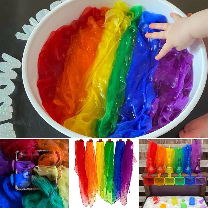 Rainbow playsilks Montessori Sensory PLay ผ้าสีรุ้งสำหรับการเล่นประสาทสัมผัสของเด็กๆ