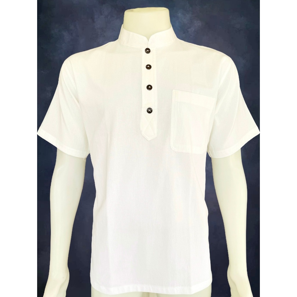 เสื้อผ้าฝ้าย ผ้าพื้นเมือง (หนังกบ) คอจีน กระดุมกะลา 4 เม็ด แขนสั้น