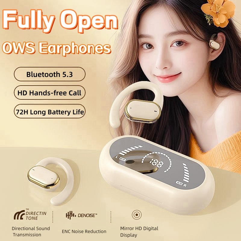 OWS หูฟังไร้สายบลูทูธ 5.3 หูฟังกีฬาพร้อมไมโครโฟนจอแสดงผลดิจิตอล HD พร้อมหน้าจอกระจก