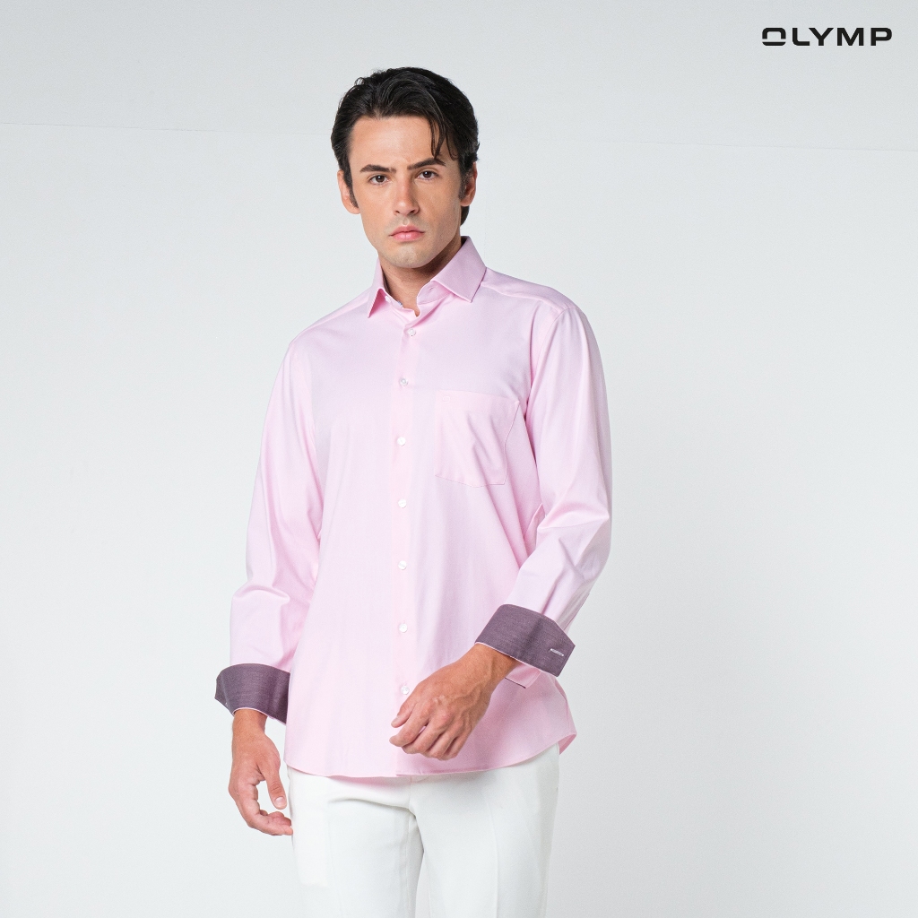 OLYMP  24/Seven LUXOR Shirt เสื้อเชิ้ตปรับอุณหภูมิ  สีชมพู ผ้าเท็กเจอร์แต่งปก ทรงหลวม ยืดหยุ่นได้ดี