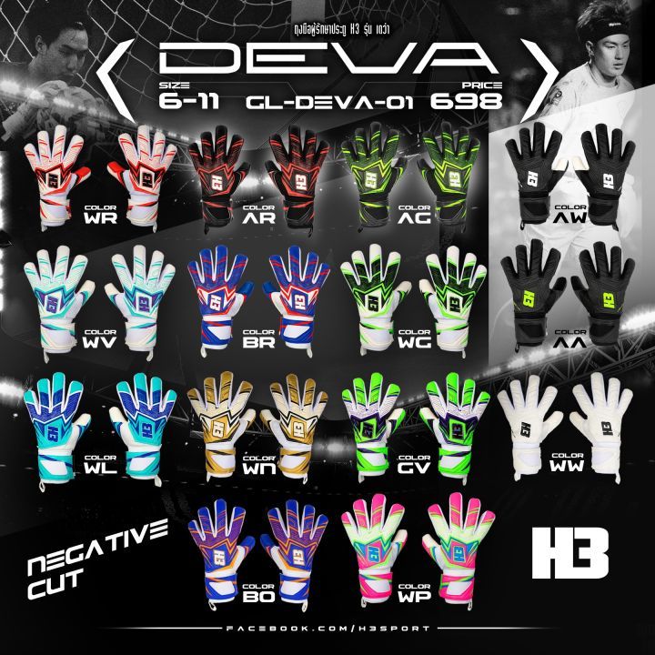 ถุงมือผู้รักษาประตู ถุงมือโกล H3 รุ่น DEVA มี finger safe 5 นิ้ว โฟมเยอรมันลาเท็กซ์ หนา 4 มิล หนึบทน