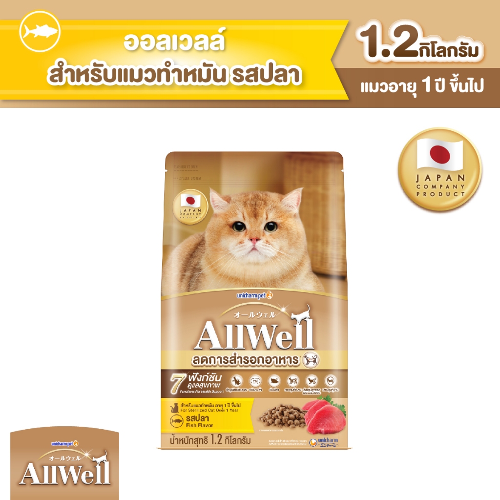 [ลดสำรอก!] ALLWELL อาหารแมวชนิดเม็ด สำหรับแมวทำหมัน รสปลา 1.2 กก.