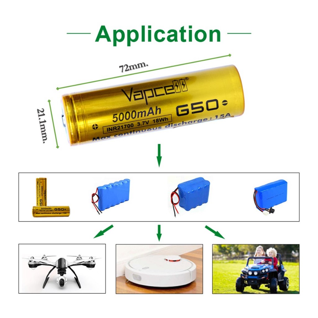 [หัวนูน] 21700 ถ่านชาร์จ Vapcell INR21700 3.7V 5000mAh จ่ายกระแส 15A (Gold)