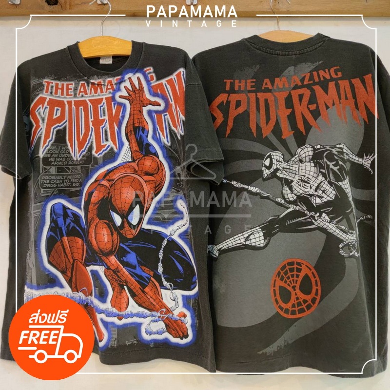 [ SPIDERMAN ] MAVEL COMIC style Bio Washed สกรีนใหญ่ เสื้อการ์ตูน เสื้อมาเวล สไปเดอร์แมน papamama vintage