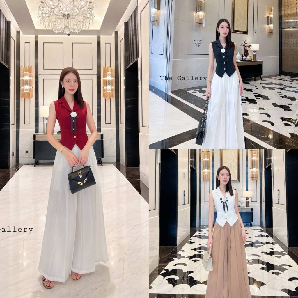 The Gallery เซ็ต3ชิ้นเสื้อและกางเกงขายาวอัดพลีตพร้อมเข็มกลัดดอกไม้เข้าชุด