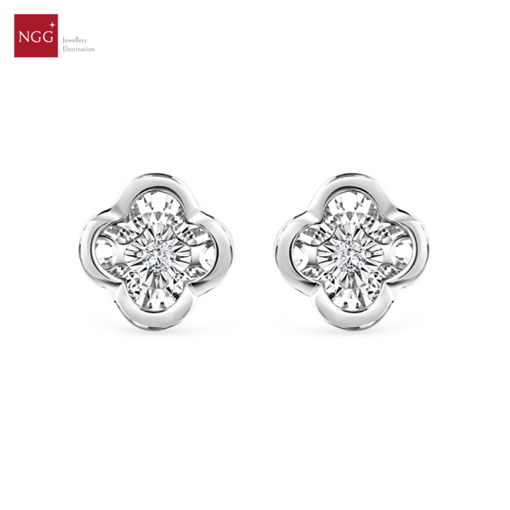 NGG Dazzling Diamond Success Clover 18K White Gold Success Clover Earring - ต่างหูเพชรแท้ (มีใบรับปร