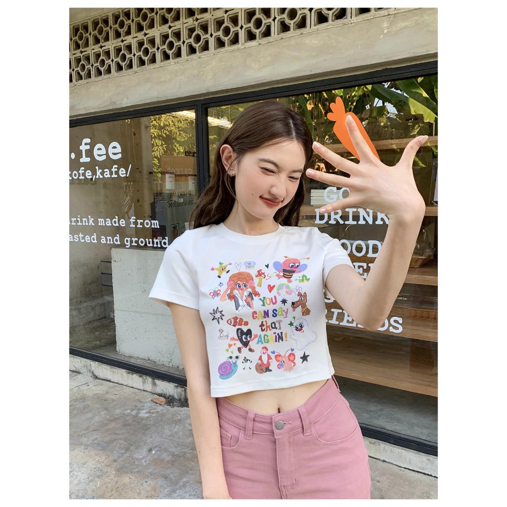 （พร้อมส่ง รับสินค้าภายใน 2วัน) เสื้อครอปสไตล์เกาหลี เสื้อยืดพิมพ์ลายการ์ตูนแขนสั้นเสื้อยืดผู้หญิงสำหรับหน้าร้อน baby tee - รูปที่ 2