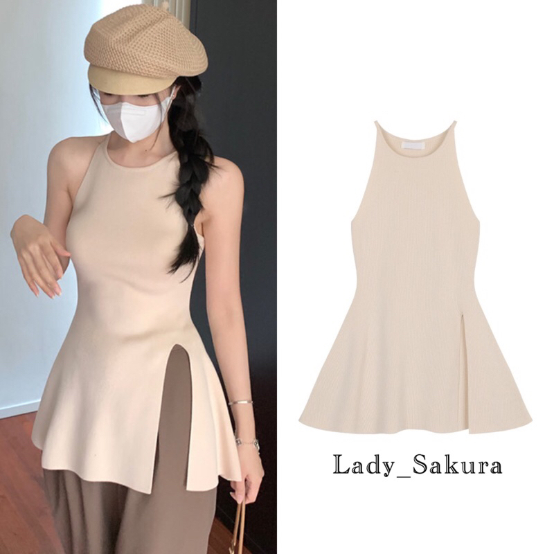 Lady_Sakura 0719/AG#เสื้อสายเดี่ยวทรงยาว ผ้าไหมพรม ดีเทลแหวกข้าง