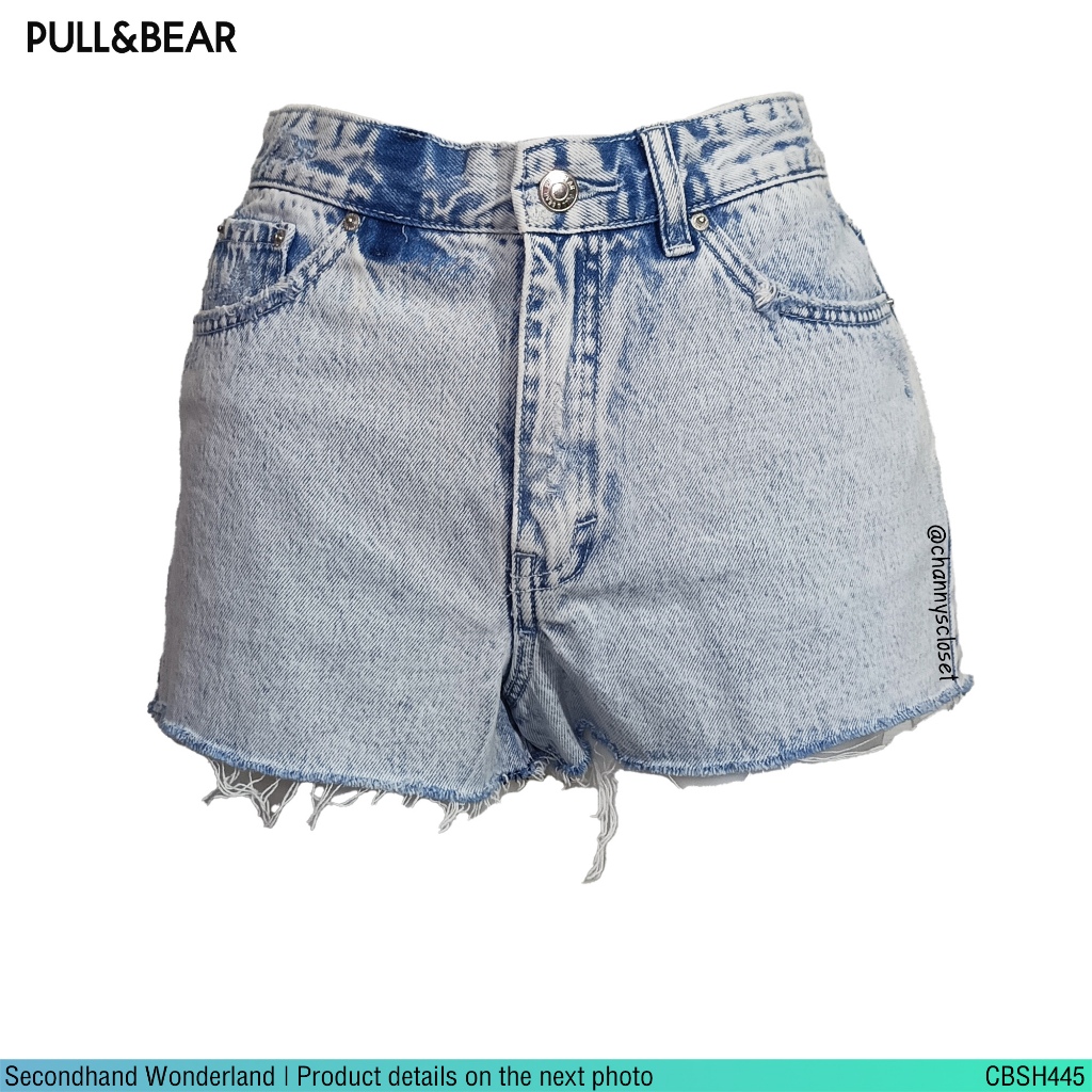 💖USED Pull &amp; Bear - Acid Wash Denim Shorts | กางเกงยีนส์ขาสั้นสีขาว สีฟ้า เอวสูง ชายรุ่ย y2k สีพื้น สายฝอ แท้ มือสอง