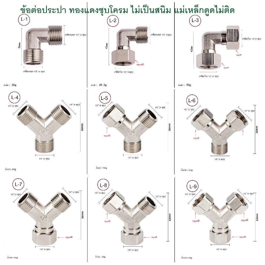 ข้อต่อน้ำ ข้อต่อประปา ขนาด 4หุน วัสดุทองแดงชุบโครม ไม่เป็นสนิม