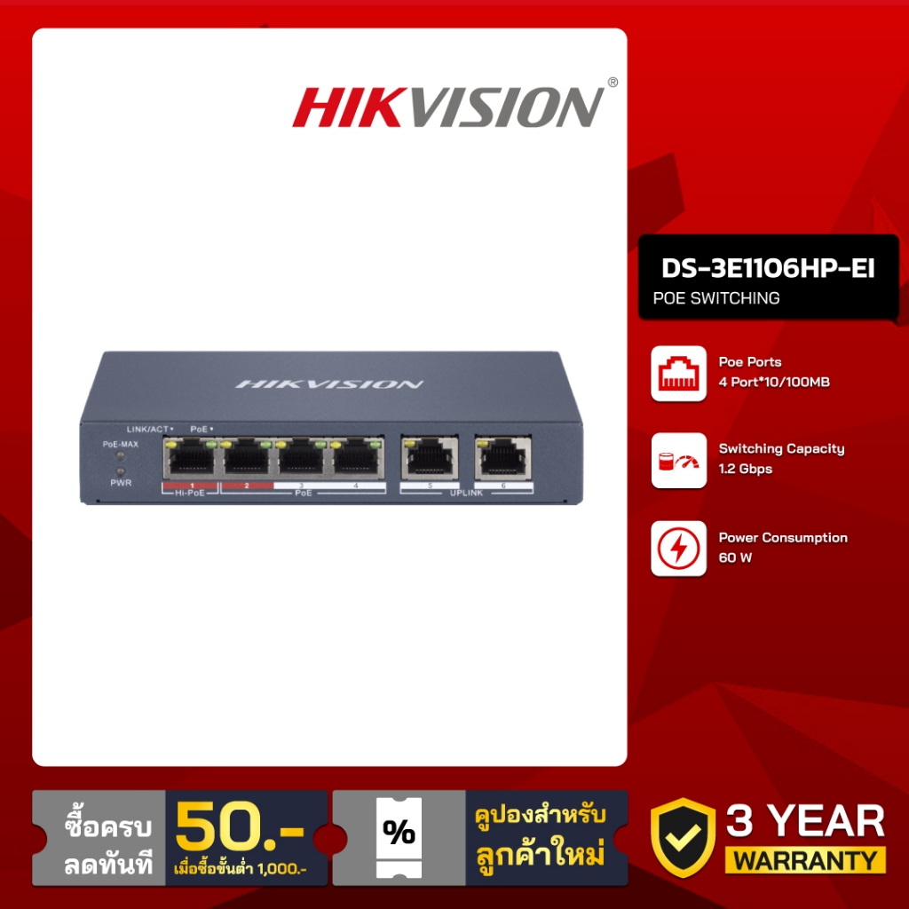 HIKVISION 4 Port Fast Ethernet Smart POE Switch รุ่น DS-3E1106HP-EI