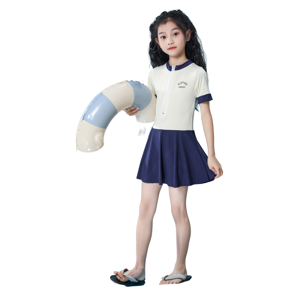 KIDZONE ชุดว่ายน้ำเเดรสเด็กผู้หญิง มีซับใน ซิปหน้า รุ่น A1375 ราคา ถูกที่สุด ดีลบีเคเค