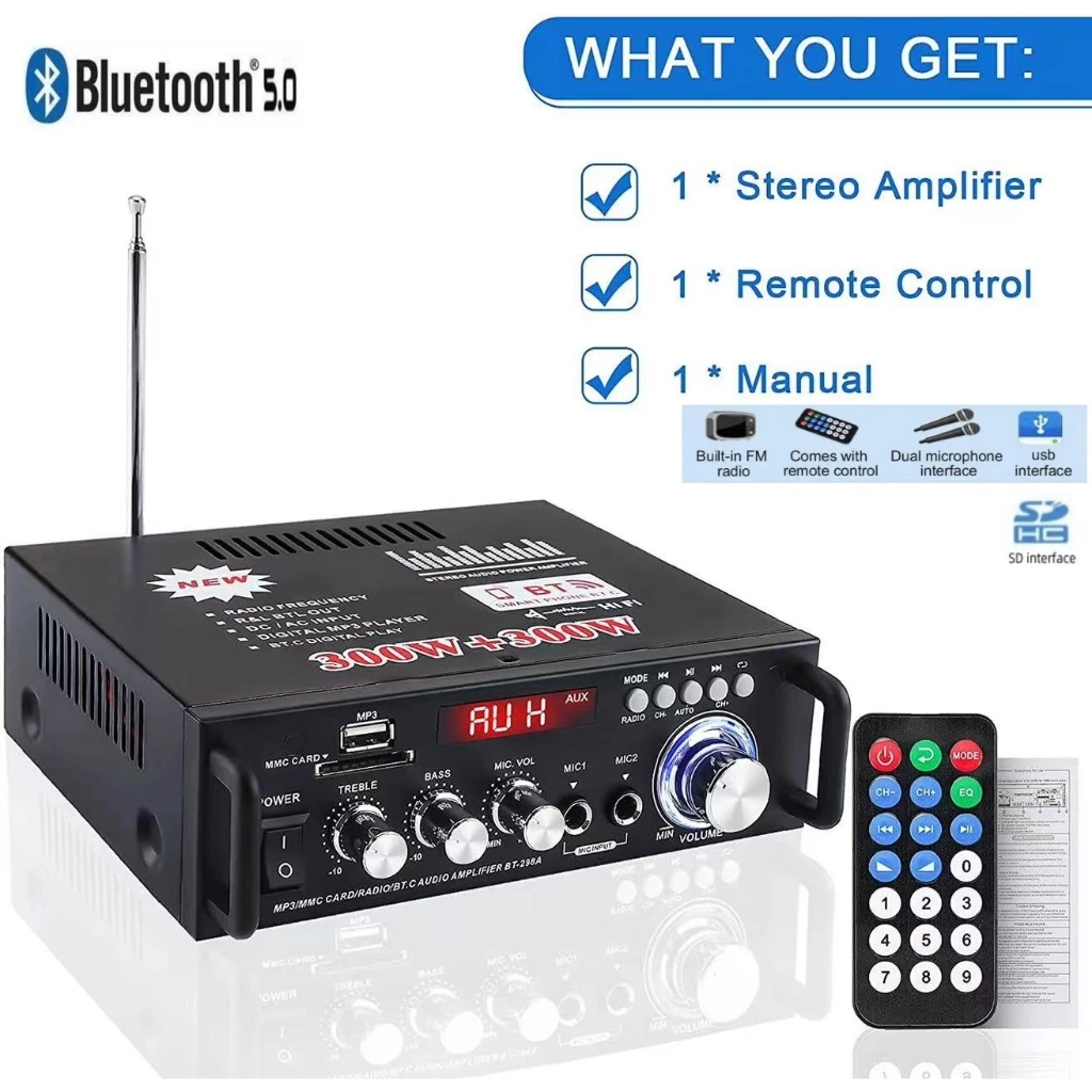 เครื่องขยายเสียง 600W แอมป์จิ๋ว สเตอริโอHIFI ไร้สายบลูทูธ วิทยุ FM USB แฟลชไดรฟ์ SD CARD BT-298A