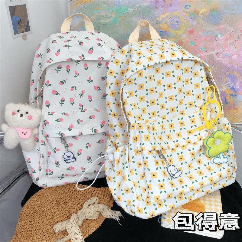 [พร้อมส่ง] กระเป๋าเป้สะพายหลัง กระเป๋านักเรียน พิมพ์ลายดอกไม้ สไตล์เกาหลี ญี่ปุ่น สําหรับผู้หญิง