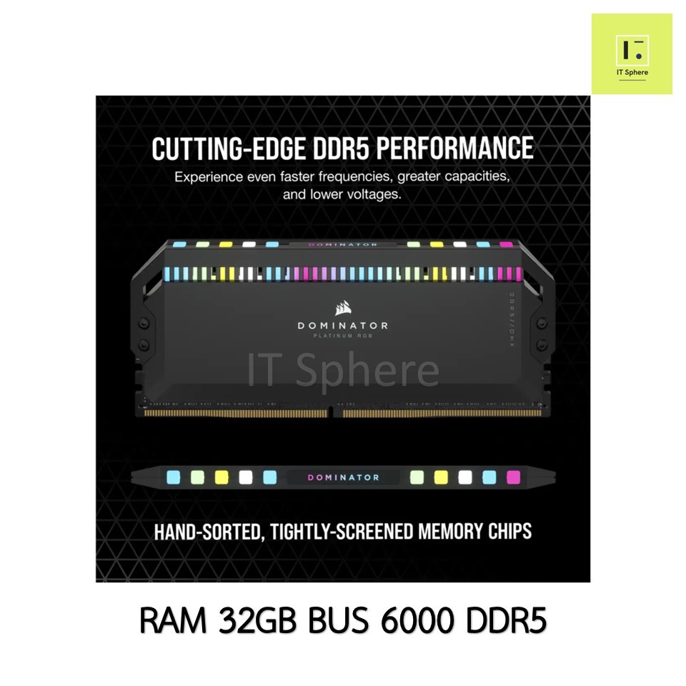 Ram Corsair Dominator 32GB Bus 6000 DDR5 สีดำ แรม black PLATINUM RGB 32GB 16x2 GB DDR5 6000MHz CL36 CMT32GX5M2E6000C36